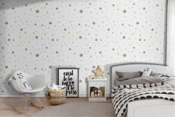 Wallpaper with stylized stars and polka dot pattern for children.