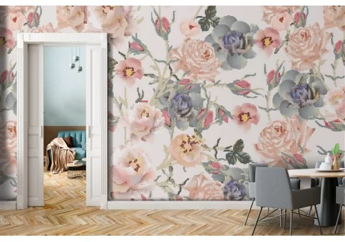 Carta da Parati rose fiori vintage pattern.