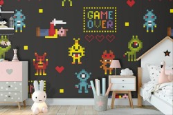 Wallpaper of arcade game characters for children.