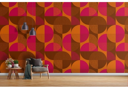 Wallpaper stripes and circles 70s vintage pattern.