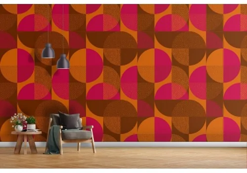 Wallpaper with stripes and circles 70s vintage pattern.