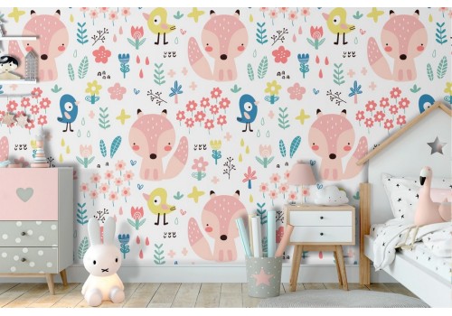 Wallpaper with stylized animals and flowers for children.