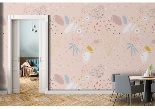 Wallpaper with leaves and abstract shapes pattern.