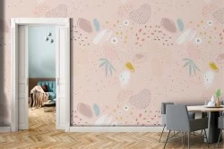 Wallpaper with leaves and abstract shapes pattern.