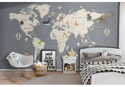 World map wallpaper with animals and vehicles