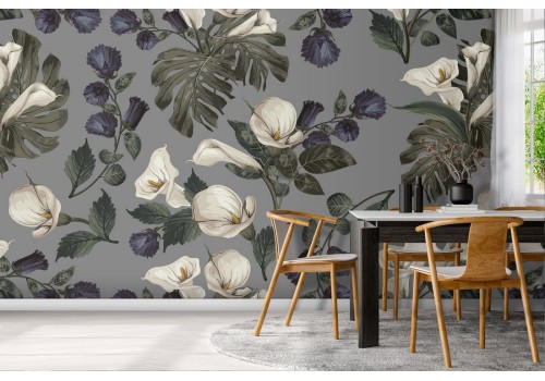 Carta da Parati fiori bianchi e foglie pattern natura.