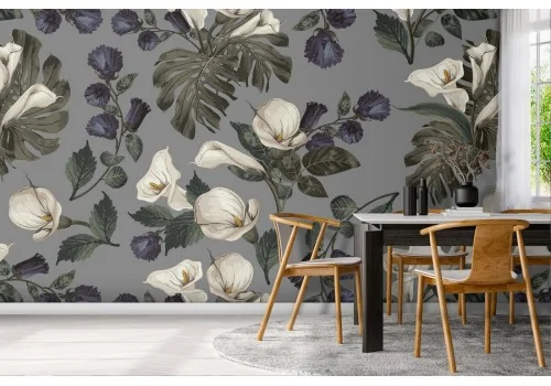 Carta da Parati fiori bianchi e foglie pattern natura.