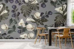 Carta da Parati fiori bianchi e foglie pattern natura.