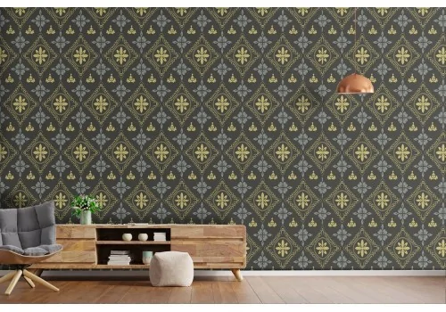 Wallpaper with stylized flowers and geometric pattern shapes.