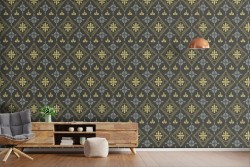 Wallpaper with stylized flowers and geometric pattern shapes.