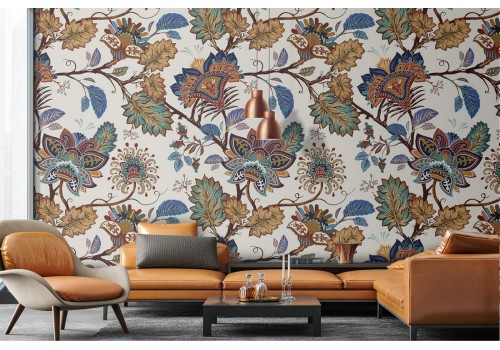 Vintage nature pattern wallpaper with leaves and flowers.