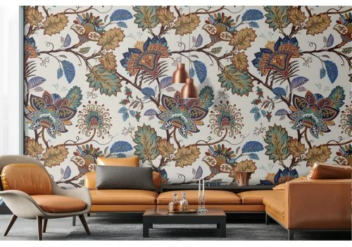 Vintage nature pattern wallpaper with leaves and flowers.