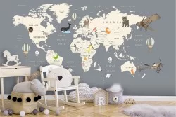 World map wallpaper with animals and vehicles
