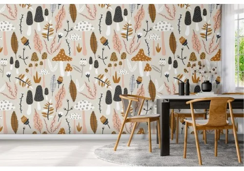 Carta da Parati sottobosco foglie e funghi natura.