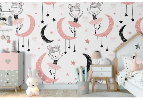 Wallpaper with ballerinas, stars, and moons children's pattern.