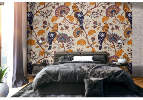 Wallpaper with abstract leaves and tropical birds pattern.