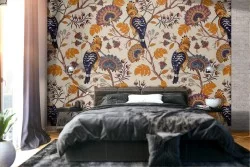 Wallpaper with abstract leaves and tropical birds pattern.