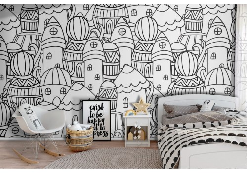 Wallpaper stylized houses design pattern for children.