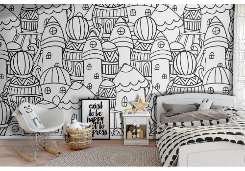 Wallpaper with stylized house design pattern for children.