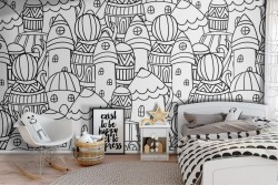 Wallpaper stylized houses design pattern for children.