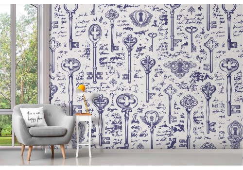 Wallpaper with keys and writings decoration vintage pattern.