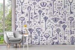 Carta da Parati chiavi e scritte decorazione pattern vintage.