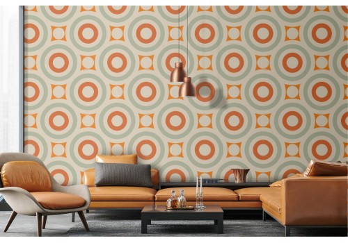 Wallpaper with circles and 70s geometric patterns.