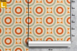 Wallpaper with circles and 70s geometric patterns.