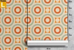 Wallpaper with circles and 70s geometric patterns.