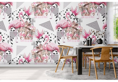 Flamingo and modern geometry pattern wallpaper.