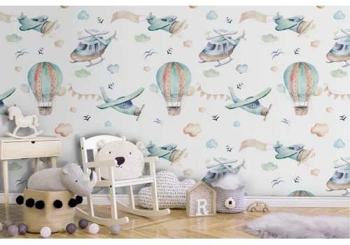 Carta da Parati aerei e mongolfiere bambini pattern.