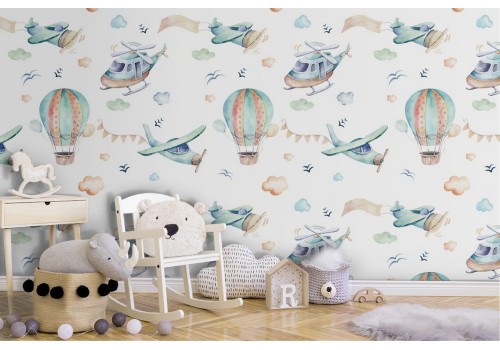 Wallpaper with airplanes and hot air balloons children's pattern.