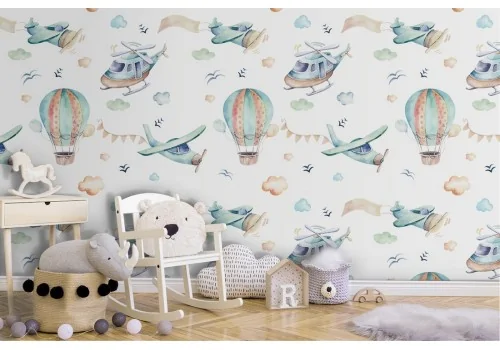 Wallpaper with airplanes and hot air balloons children's pattern.