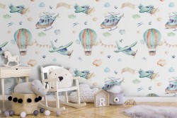 Carta da Parati aerei e mongolfiere bambini pattern.