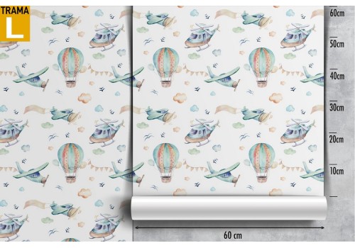 Wallpaper with airplanes and hot air balloons children's pattern. 2