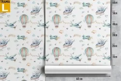 Wallpaper with airplanes and hot air balloons children's pattern.