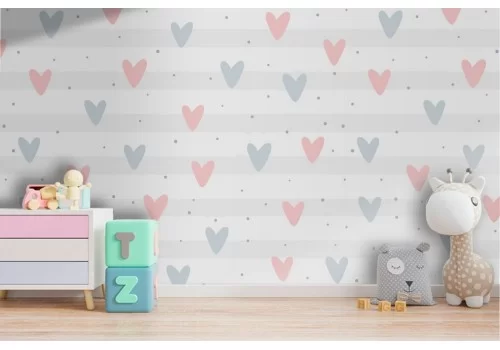 Carta da Parati cuori stilizzati e righe pattern bambini.