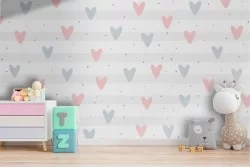 Wallpaper with stylized hearts and stripes pattern for children.
