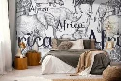 Wallpaper with writings and animals Africa nature pattern.