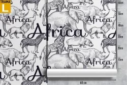 Wallpaper with writings and animals Africa nature pattern.
