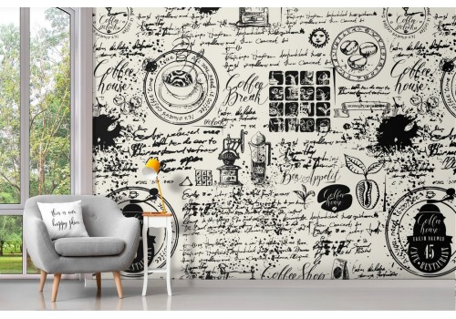 Wallpaper with coffee writings and logos pattern.