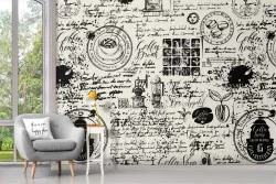 Wallpaper with coffee writings and logos pattern.