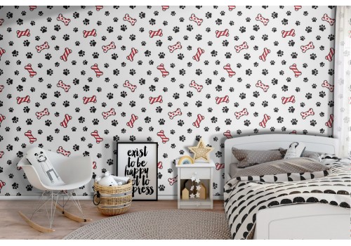 Animal bones and paws pattern children's polka dot wallpaper.