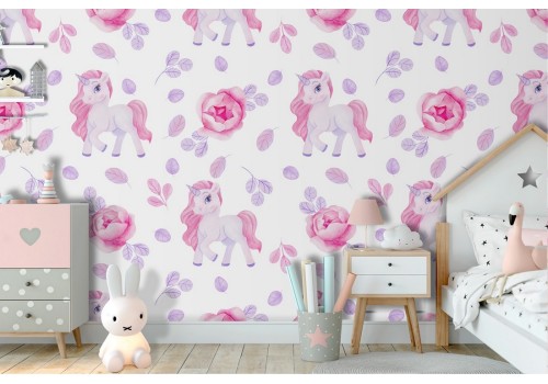 Unicorn and pink flowers pattern wallpaper for children.