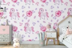 Unicorn and pink flowers pattern wallpaper for children.
