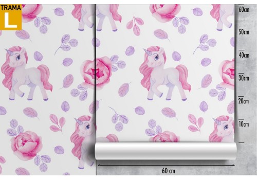 Carta da Parati unicorni e fiori rosa pattern bambini. 2
