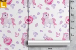 Unicorn and pink flowers pattern wallpaper for children.