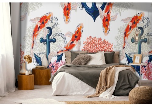 Wallpaper anchors and flowers pattern decoration.