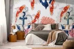 Wallpaper anchors and flowers pattern decoration.