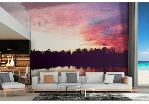 Carta da Parati paesaggio foresta lago al tramonto